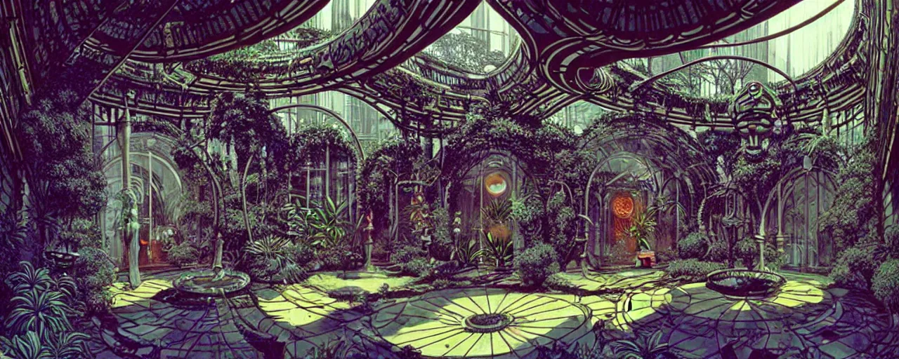 Image similar to a luxurious scifi futuristic victorian garden courtyard by killian eng, moebius, philippe druillet