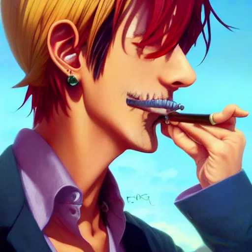 Image similar to highly detailed vfx portrait of sanji smoking a cigarette by eiichiro oda!, greg rutkowski, loish, rhads, beeple, makoto shinkai, tom bagshaw, alphonse mucha, sharp focus, art by artgerm and greg rutkowski, stanley kubrick, backlit, harsh overhead sunlight,