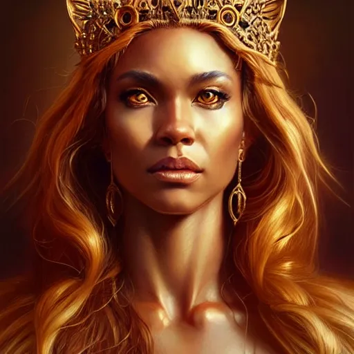 Prompt: highly detailed portrait of a majestic lioness queen in the form of a beautiful woman. d & d, art by artgerm and greg rutkowski and tim and greg hildebrandt and magali villeneuve. trending on artstation, intricate details, energetic composition, golden ratio, concept art, illustration, elegant art