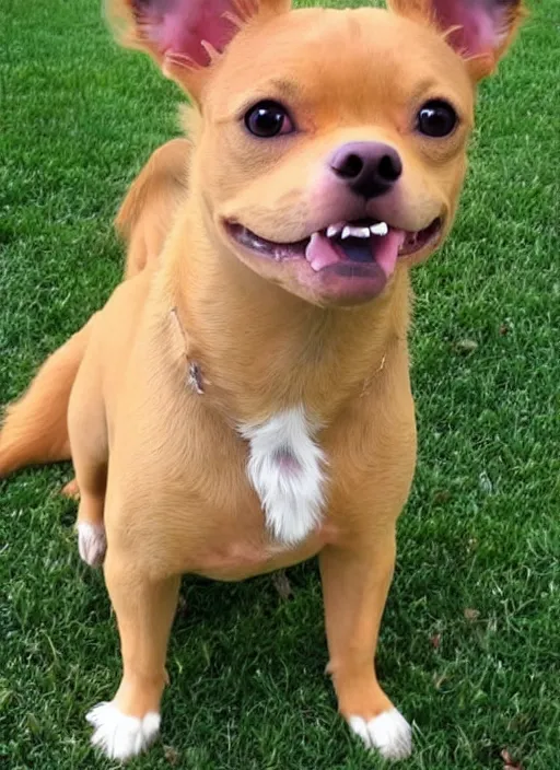 Image similar to fully grown tan pit bull, long - haired chihuahua, pomeranian mix