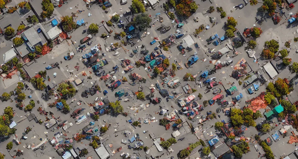 Image similar to top down aerial view of dilapidated zombie - apocalypse city with supermarket and shopping street in real life, desolate with zombies, dilapidated, zombies in the streets, nightmarish, some rusted style parked vehicles, sunny weather, few clouds, volumetric lighting, photorealistic, daytime, autumn, sharp focus, ultra detailed, cgsociety