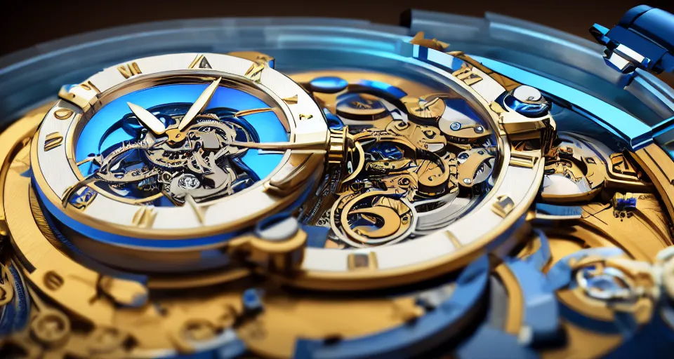 Prompt: complex 3 d render of a futuristic steampunk watch lying on a table, high detail, sharp focus, glowing blue interior components, fractal detail, depth of field, bokeh, cinematic lighting and composition, octane render, film grain, rolex, nordgreen, montblanc