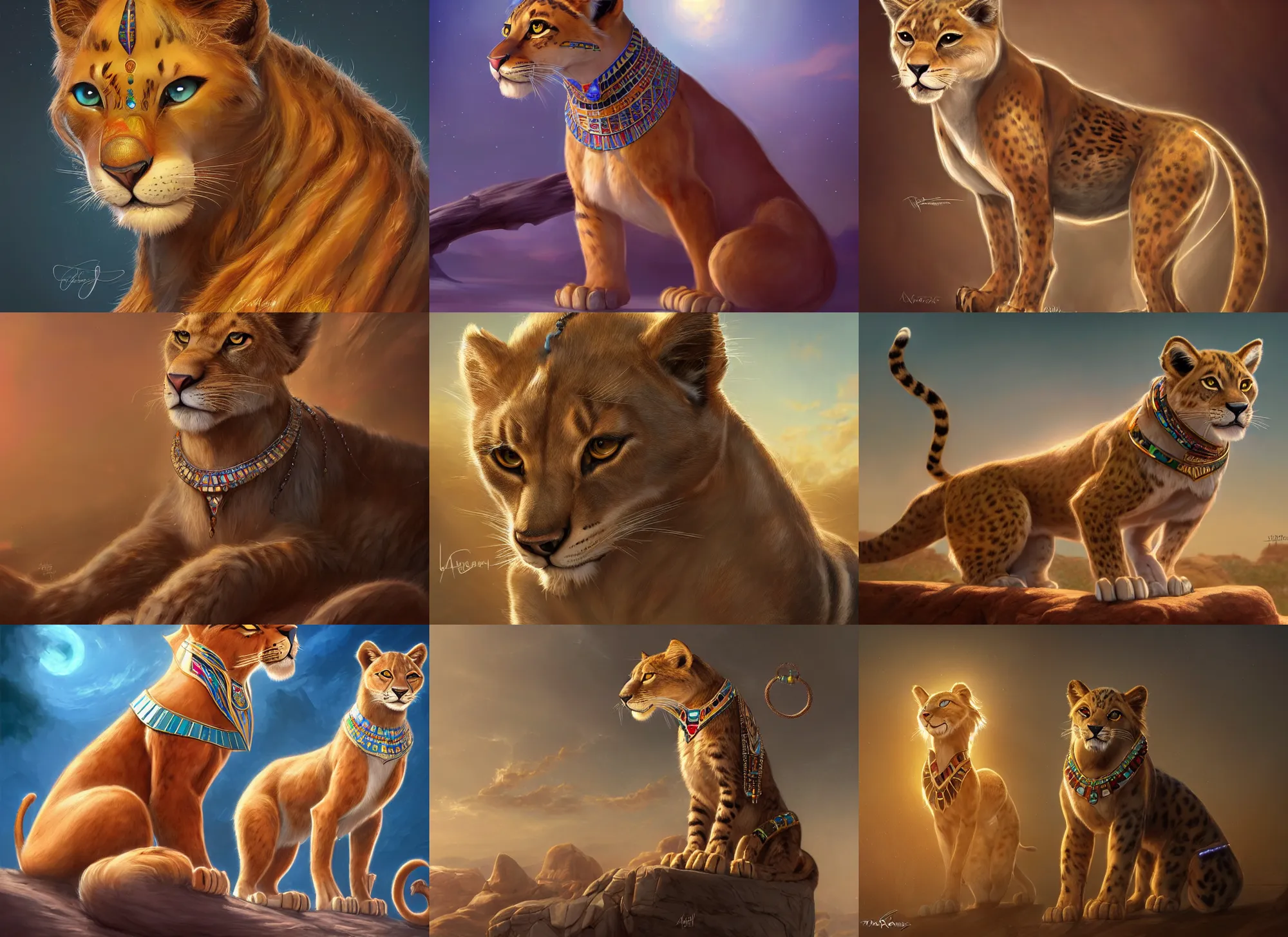 Prompt: fullbody beautiful detailed character design of a feral feline wearing egyptian necklace, egyptian jewelry. deviantart leopard adoptable, character concept artwork professional, portrait studio lighting by artgerm, jessica rossier in the style of disney, zootopia, the lion king, artstation deviantart