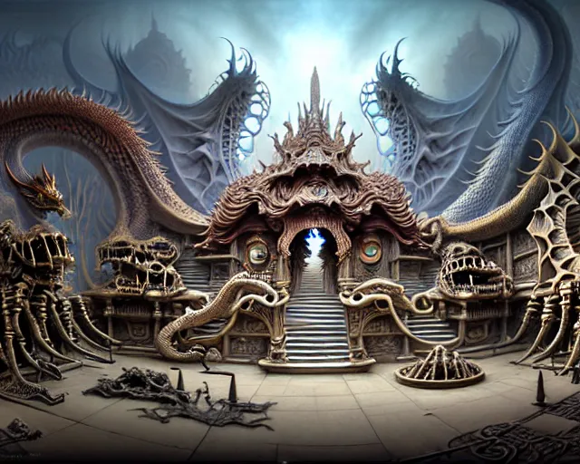 Image similar to street view of a temple made of dragon skeletons, fantasy landscape made of fractals facing each other, ultra realistic, wide angle, intricate details, the fifth element artifacts, highly detailed by peter mohrbacher, hajime sorayama, wayne barlowe, boris vallejo, aaron horkey, gaston bussiere, craig mullins