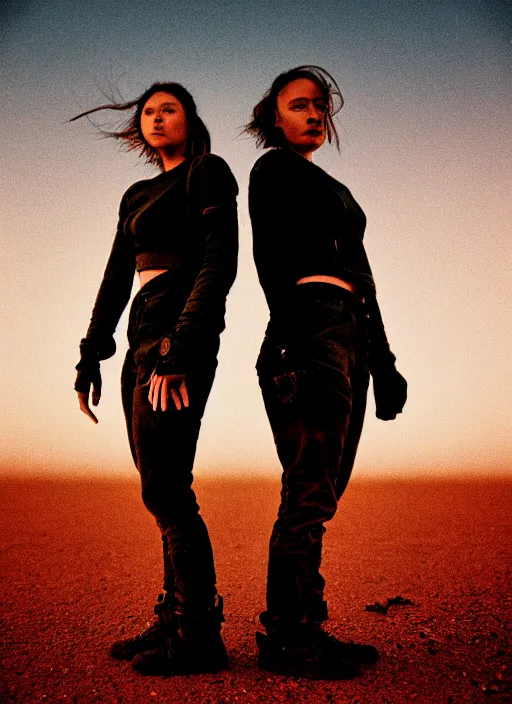 Image similar to cinestill 5 0 d photographic portrait of two loving female androids wearing rugged black techwear on a desolate plain with a red sky, extreme closeup, lizard on ground, cyberpunk style, in front of a brutalist dark metal facility, dust storm, 3 5 mm, f / 3 2, ultra realistic faces, 8 k, hd, high resolution