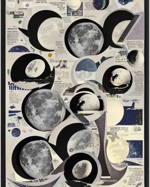 Prompt: A collage of the moon landing, mid-century modern, made of random shapes cut from magazines