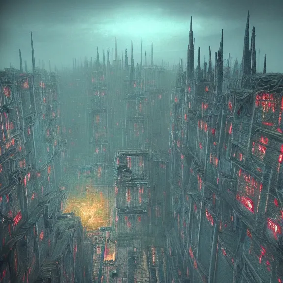 Image similar to futuristic megacity, midnight colors, nightmare horrorcore landscape, acid metal deep colors!, a photograph taken by beksinski gammell giger matte painting unreal engine