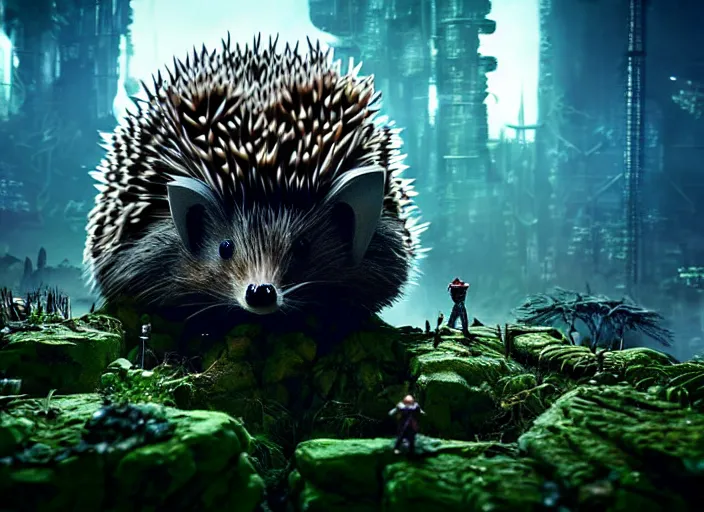 Prompt: giants mechanical hedgehog on the background of a weird magical mechanical forest. Very detailed 8k. Fantasy cyberpunk horror. Sharp. Cinematic post-processing. Unreal engine. Nanite. Ray tracing. Parallax. Tessellation