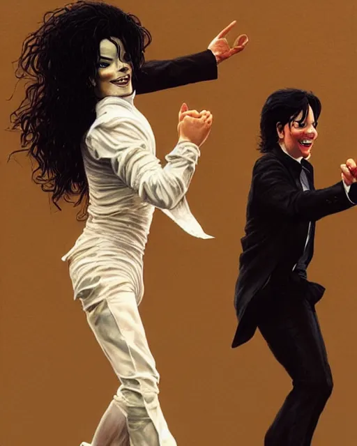 Image similar to Michael Jackson & Michael Mcintyre dancing in front of a crowd,real life skin, intricate, elegant, highly detailed, artstation, concept art, smooth, sharp focus, art by artgerm and greg rutkowski and alphonse mucha