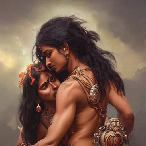 Prompt: portrait painting of dark muscular indian women hugging from behind, ultra realistic, concept art, intricate details, eerie, highly detailed, photorealistic, octane render, 8 k, unreal engine. art by artgerm and greg rutkowski and alphonse mucha