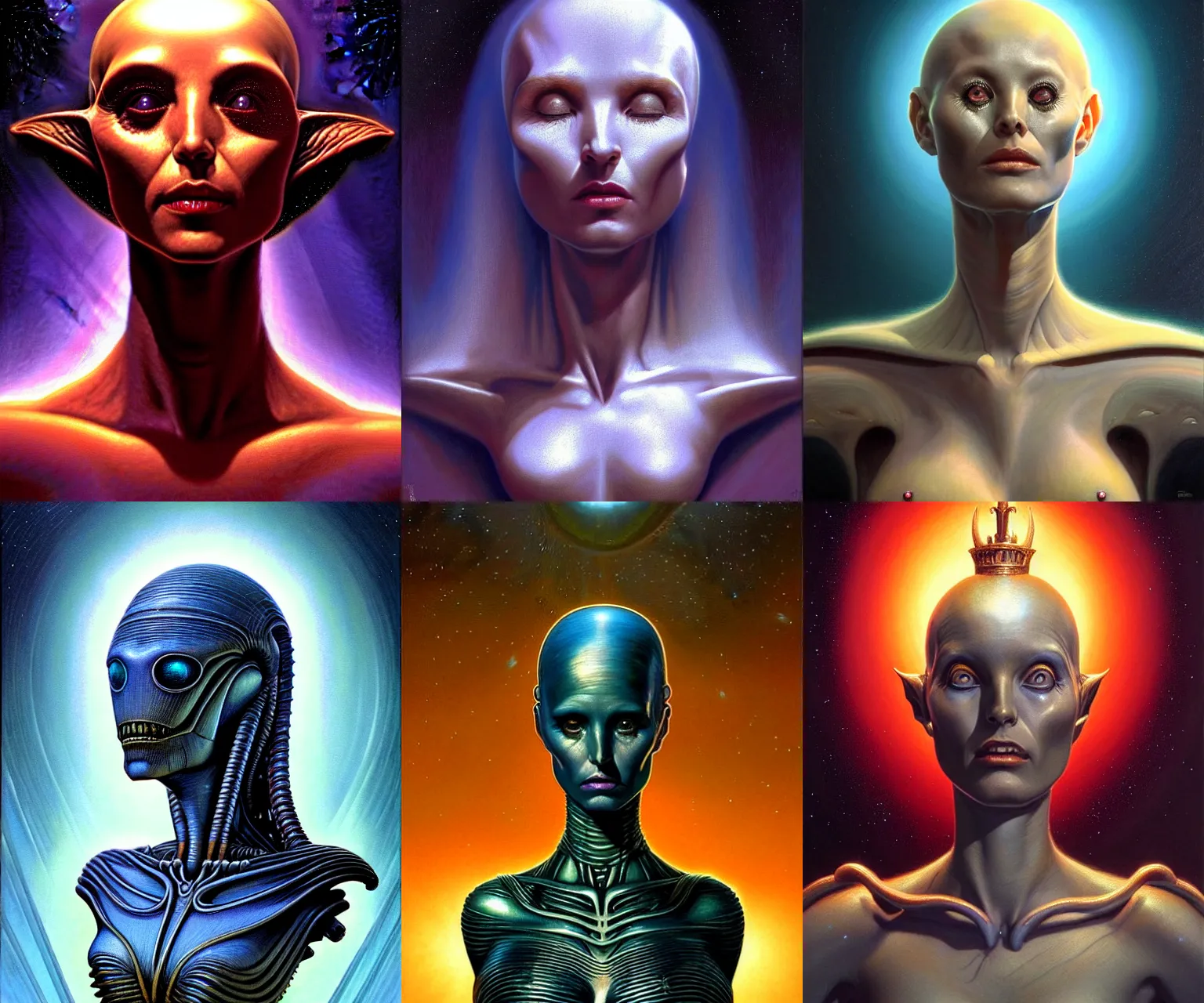 Prompt: cinematic bust portrait of elegant female extraterrestial queen, head and chest only, alien features, by Tim Hildebrandt, by Wayne Barlowe, by Bruce Pennington, by donato giancola, by hr giger, oil on canvas, masterpiece, trending on artstation, featured on pixiv, cinematic composition, dramatic pose, beautiful lighting, sharp, details, hyper-detailed, HD, HDR, 4K, 8K