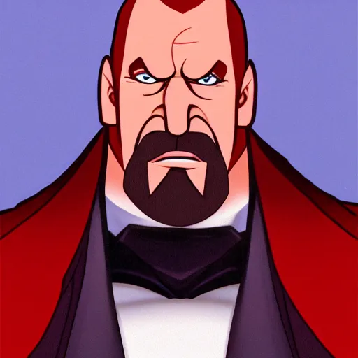 Image similar to Head-to-shoulder shot of Triple H as a Disney villain, Disney, cartoon, Disney style, 2d, drawn image, beautifully drawn, Disney 2d animation still, digital 2D animation, traditional animation, Disney style, Disney animation, Deviantart, very coherent symmetrical artwork, heroic look, artstation