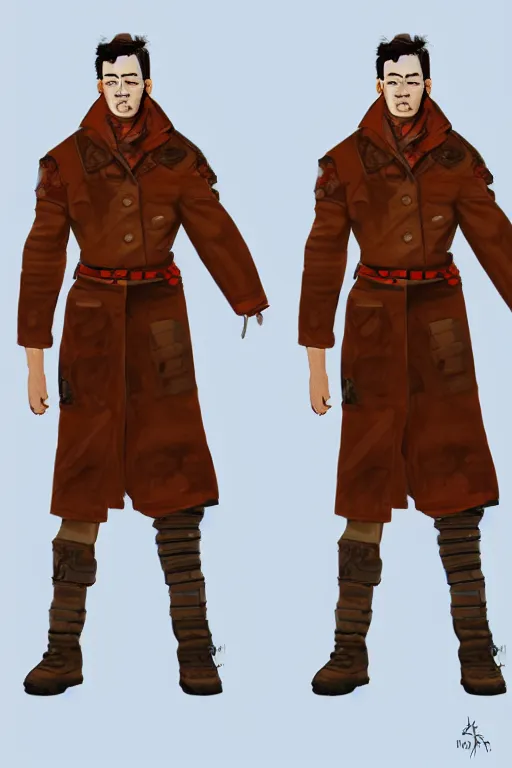 Image similar to post-apocalyptic soldier, brown coat with red patches, character concept art, digital art