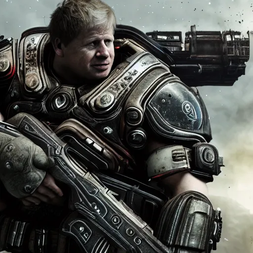 Prompt: Boris Johnson in 'Gears of War', splash art, movie still, cinematic lighting, detailed face, dramatic, octane render, long lens, shallow depth of field, bokeh, anamorphic lens flare, 8k, hyper detailed, 35mm film grain