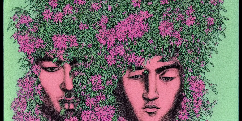 Image similar to risograph grainy drawing protagonist face, pastel colors, with huge piersing, face covered with plants and flowers, by moebius and satisho kon and dirk dzimirsky close - up portrait, hyperrealistic