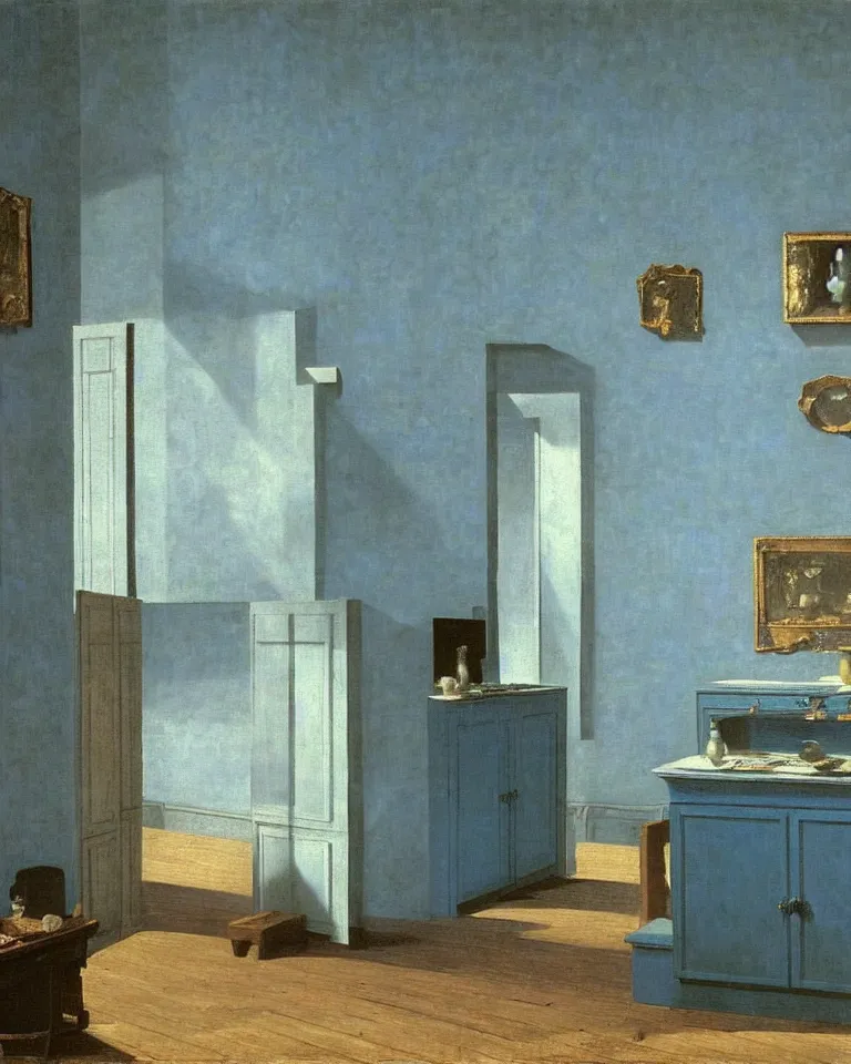 Image similar to achingly beautiful painting of a sophisticated kitchen on baby blue background by rene magritte, monet, and turner. giovanni battista piranesi.