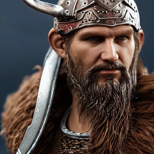 Image similar to of a 3d clay model of a viking from valhalla, wearing the horned helmet ultra fine detail, hair strands, ultra high resolution, fine texture detail, miniature painting techniques, perfect proportions, marvel cinematic universe, eric bana