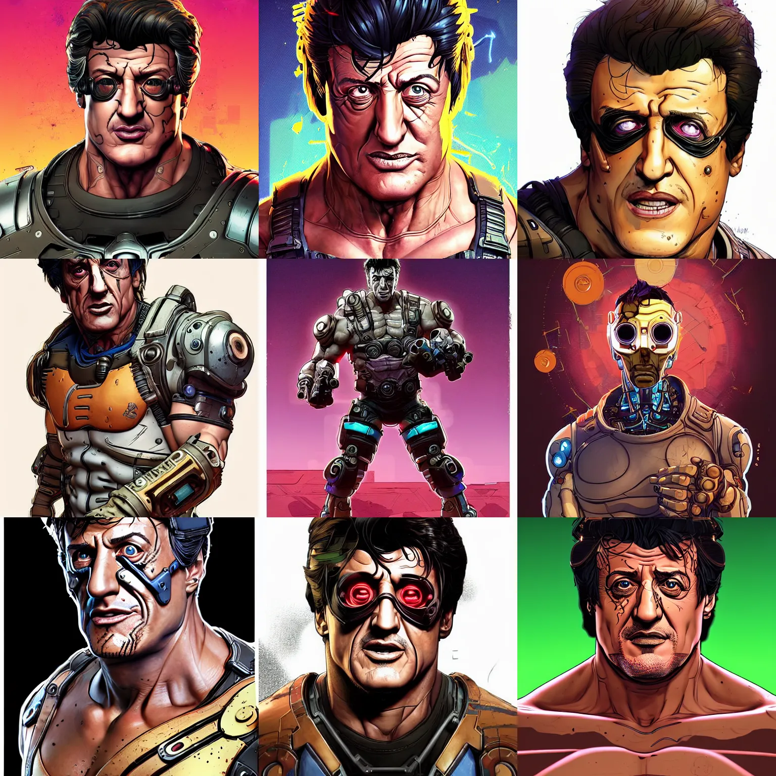 Prompt: cell shaded portrait of a cybernetic sylvester stallone as borderlands 3 concept art, llustration, post grunge, concept art by josan gonzales and wlop, by james jean, victo ngai, david rubin, mike mignola, laurie greasley, highly detailed, sharp focus, alien, trending on artstation, hq, deviantart, art by artgem