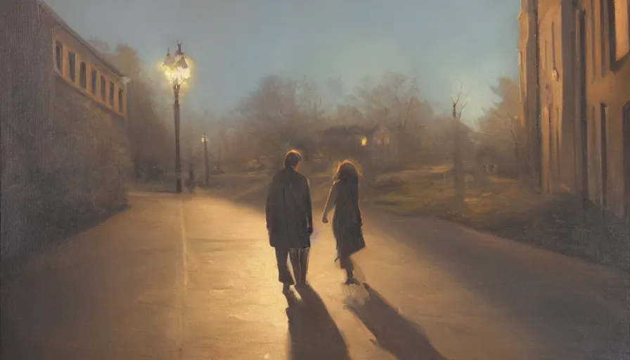 Prompt: oil painting, lovers leaving together, cinematic lighting, wow, establishing shot
