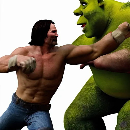 Image similar to muscular keanu reeves fighting muscular shrek, highly detailed, high quality, hd, 4 k, 8 k, canon 3 0 0 mm, professional photographer, 4 0 mp, lifelike, top - rated, award winning, realistic, sharp, no blur, edited, corrected, trending