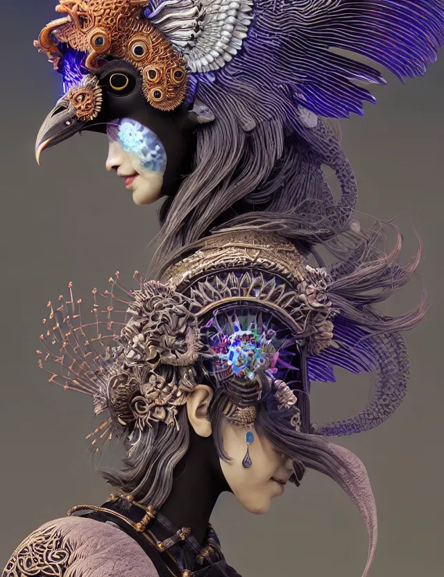 Image similar to 3 d goddess close - up profile solarpunk portrait ram skull. beautiful intricately detailed japanese crow kitsune mask and clasical japanese kimono. betta fish, jellyfish phoenix, bio luminescent, plasma, ice, water, wind, creature, artwork by tooth wu and wlop and beeple and greg rutkowski