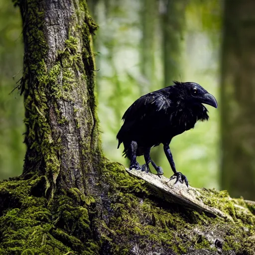 Image similar to werecreature crow, photograph captured in a forest