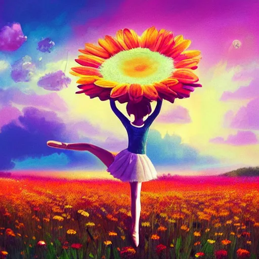 Image similar to giant daisy flower as head, girl ballet dancing in a flower field, surreal photography, sunrise, dramatic light, impressionist painting, colorful clouds, digital painting, artstation, simon stalenhag