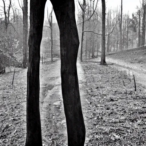 Image similar to slenderman black and white photo, amateur photography