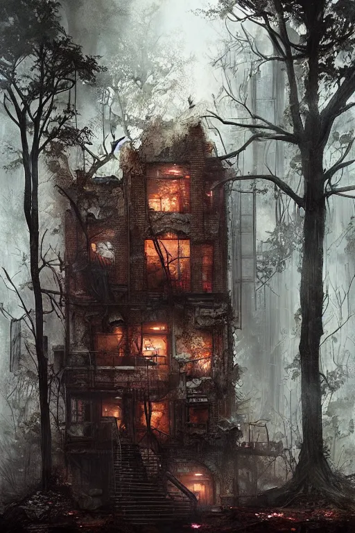 Image similar to a ramshackle Manhattan brick brownstone deep in the forest by Bastien Lecouffe Deharme