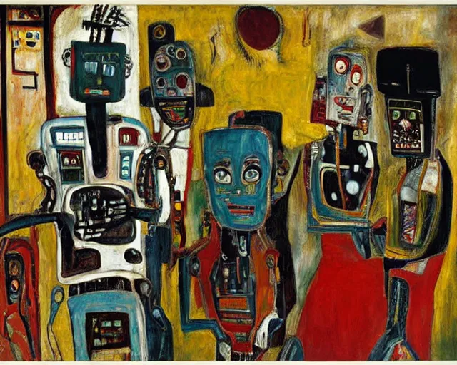 Image similar to a painting of a robot family in a living room by graham sutherland, egon schiele, basquiat, neo - expressionism