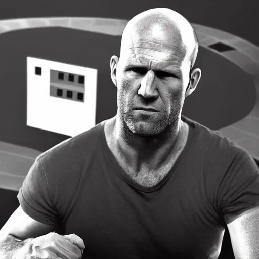 Prompt: jason statham fighting a computer, half body shot, path traced, fight scene, highly detailed, high quality, digital painting