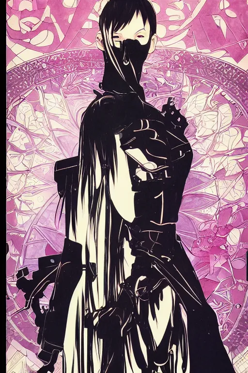 Image similar to professionally drawn shoujo mature cyberpunk detective horror romance manga comic cover full color, beautifully drawn coherent professional, drawn by ilya kuvshinov, dave mckean, alphonse mucha and tsutomu nihei. japanese script kanji hiragana on the cover. simplistic minimalist stylized cover art.