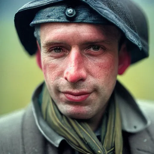 Prompt: Portrait of a British man holding an umbrella, facial asymmetry, striking features, tack sharp, rainy weather, fine-art photography, 180mm f/1.8, by Steve McCurry