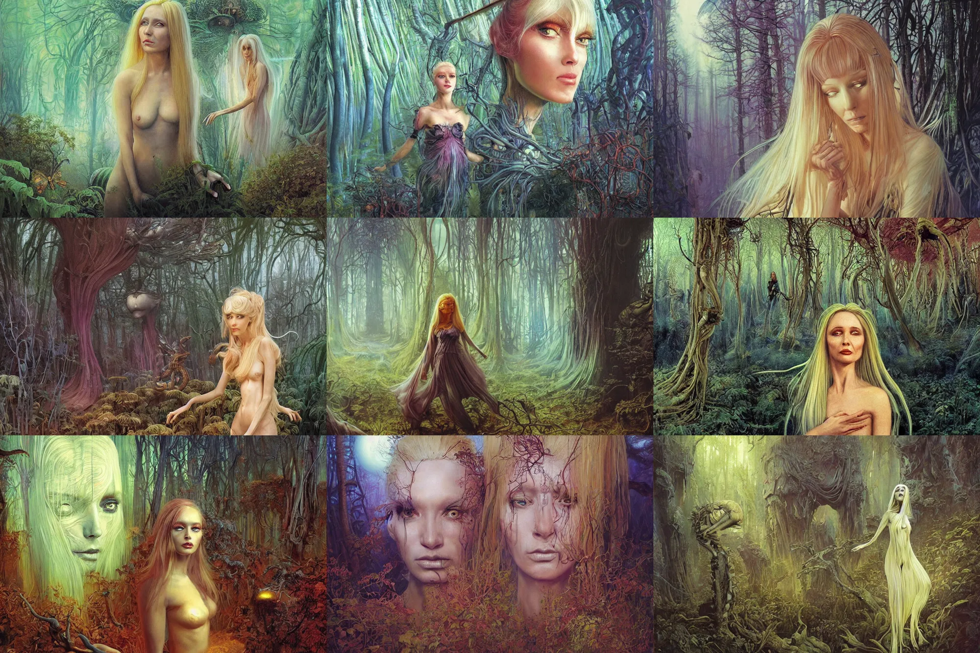 Prompt: realistic detailed portrait painting of a beautiful ghost woman with blond hair with an alien, futuristic sci-fi forest on background by wayne barlowe, wes anderson, arnold böcklin, roger dean, mikalojus konstantinas ciurlionis, mikhail vrubel and wadim kashin, rich moody colours, 90-s anime, ethereal, lo-fi retro videogame