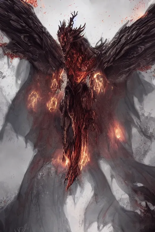 Prompt: character design, wraith rising from ember ashes, tattered demonic wings, ultra detailed, digital art, 8k ,character ,realistic, portrait, hyperrealistic