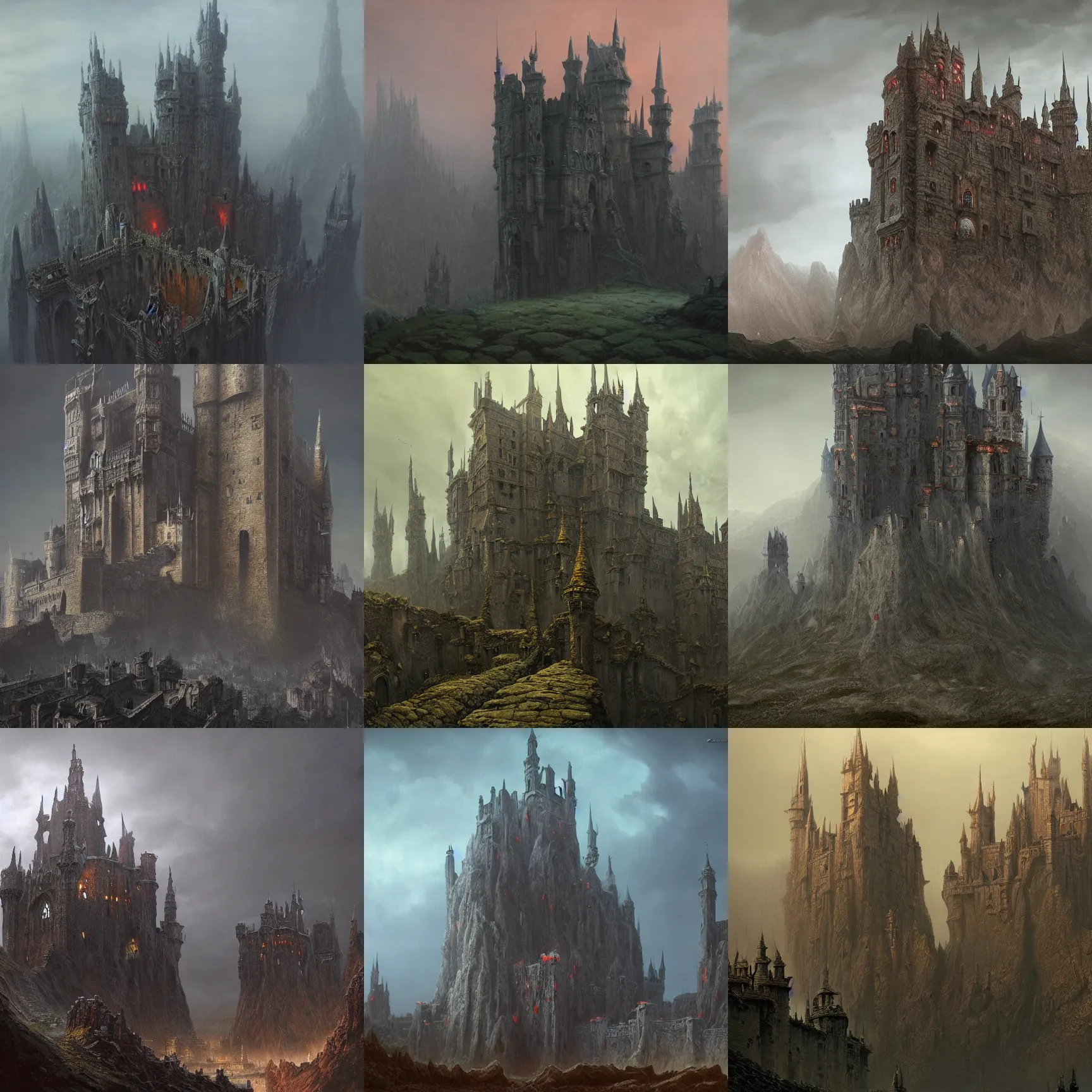 Prompt: A highly detailed 4K fantasy matte painting of a A huge, rambling, quite scary-looking castle, with a jumble of towers and battlements, zdzislaw beksinski, ArtStation, CGSociety, Unreal Engine