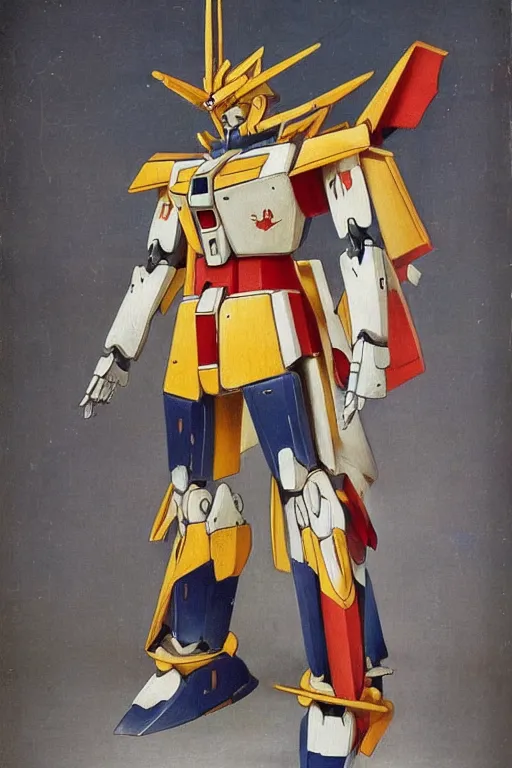 Prompt: a gundam robot in a costume made from flowers , 18th century painting