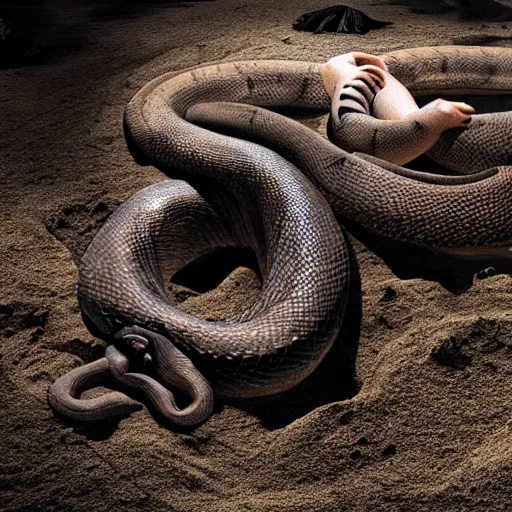 Image similar to huge snake squeezing a dead body inside the grave, dark colors, horror, realistic, sand and gravel