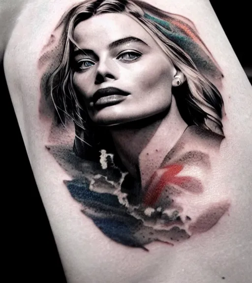 Image similar to tattoo design sketch double exposure of margot robbie faded with beautiful mountain scenery, creative mash up, in the style of arlo dicristina, surrealist, amazing detail, sharp