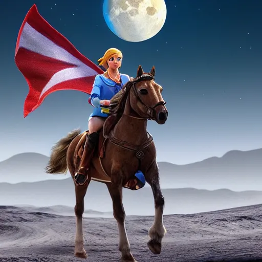 Prompt: zelda riding a horse on moon, hyper realistic, 4 k octan render, unreal 5