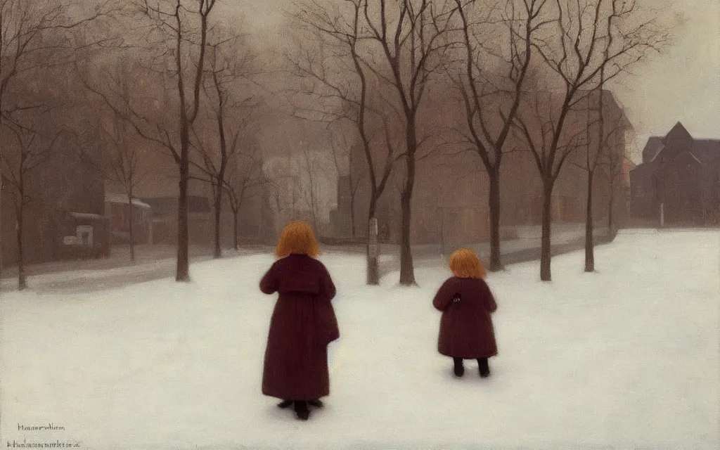 Image similar to a painting of sad little redhead little girl in a winter street in norway, oil on canvas, by hammershoi