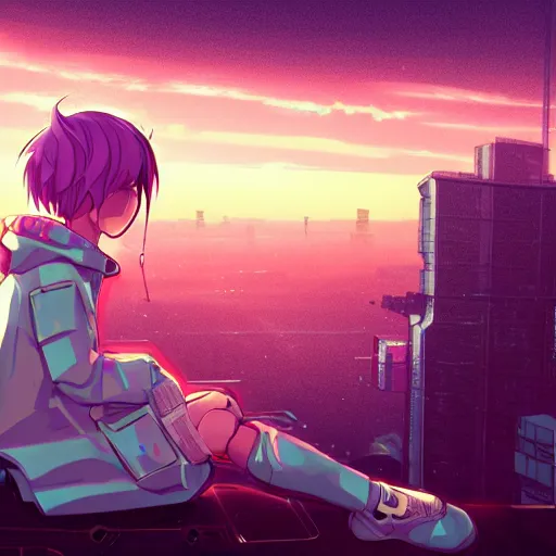 Prompt: android mechanical cyborg anime girl child overlooking overcrowded urban dystopia sitting. Pastel pink clouds baby blue sky. Gigantic future city. Raining. Makoto Shinkai. Wide angle. Distant shot. Purple sunset. Sunset ocean reflection. Pink hair. Pink and white hoodie. Cyberpunk. featured on artstation