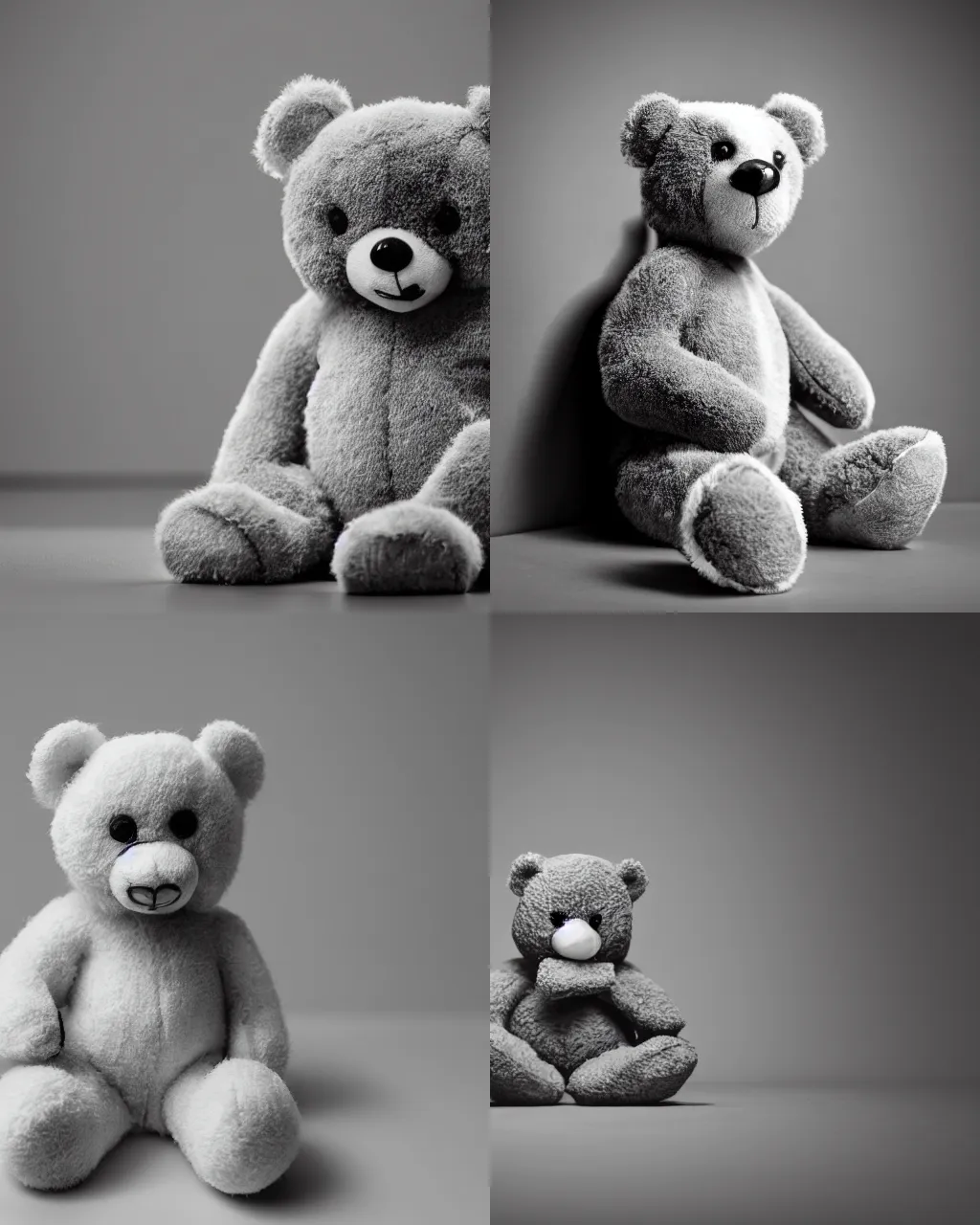 Prompt: Black and white photograph of a teddy bear sitting alone in a dark room, trending on ArtStation