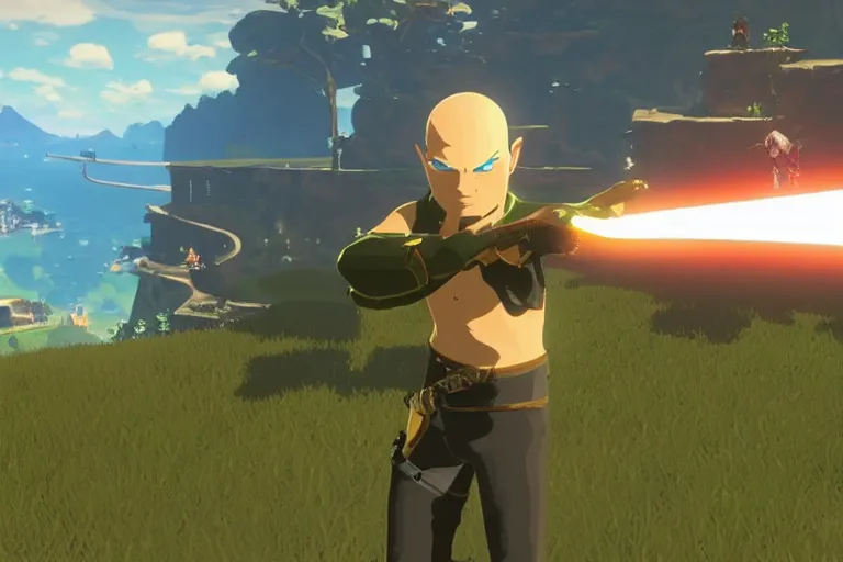 Prompt: agent 4 7 holding master sword in botw, breath of the wild screenshot