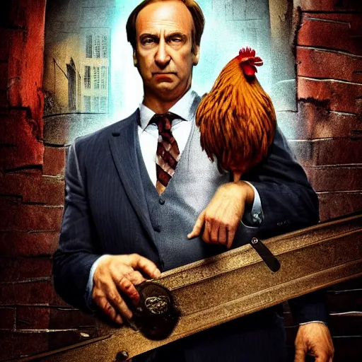 Image similar to saul goodman and a rooster in a saw movie torture chamber, horror movie background, saul goodman, rooster, photo