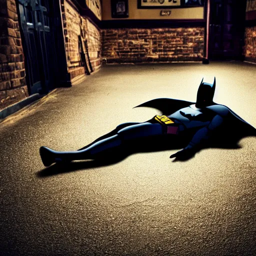 Prompt: batman lying on the floor in a pub, 8 k photography, golden hour