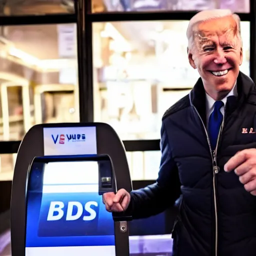 Prompt: joe biden buying bitcoin at an atm, in front of an arby's, on a cold winter night