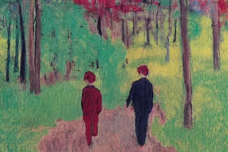 Image similar to a very tall man named John with dark hair holding the hands of a short young boy named Alex with dark hair as they walk in a park on a bright beautiful colorful day. part in the style of an edgar degas painting. part in the style of david hockney