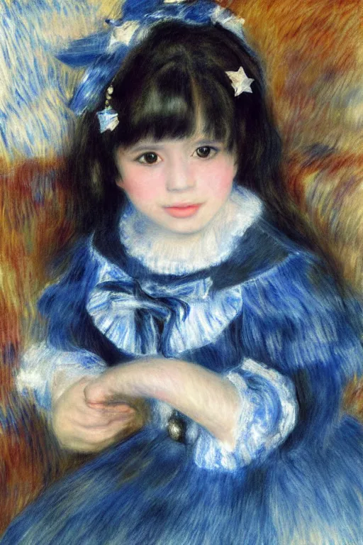 Image similar to a realistic portrait of black - haired little girl in a blue lolita dress with stars and petticoat sitting on the new york city subway by renoir, detailed eyes, 4 k resolution