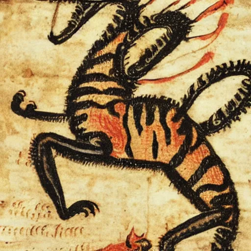 Image similar to tiger fire with many legs flying in a medieval manuscript, medieval manuscript, golden miniatures